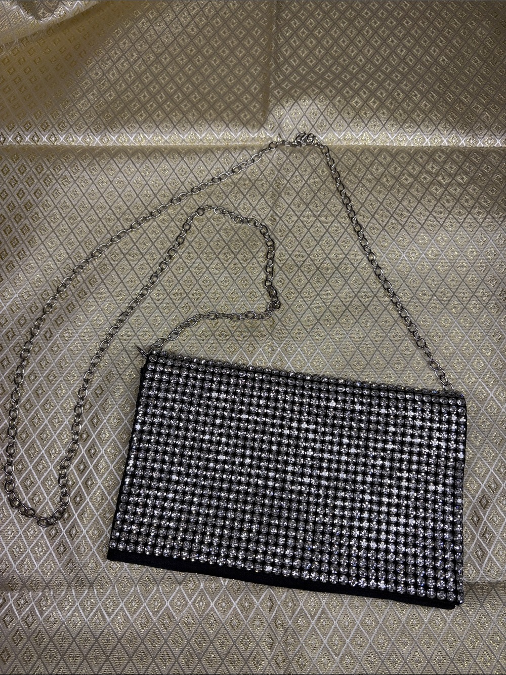 Amber Sceats Stella Rhinestone and Black Satin Crossbody Bag Silver Chain